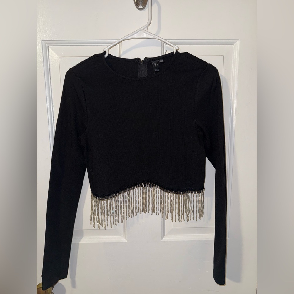 Windsor Black Rhinestone Fringe Long Sleeve Top